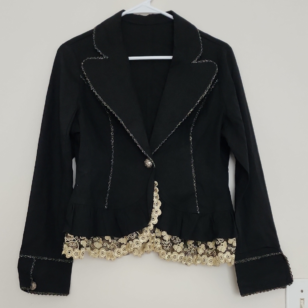 VINTAGE black and Gold Tailored Blazer with Ornate Hem